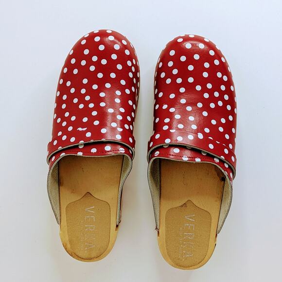 Verka Polka Dot Clogs 40 Red White Slip On Wood Platform Retro Aesthetic Chic - Picture 12 of 14